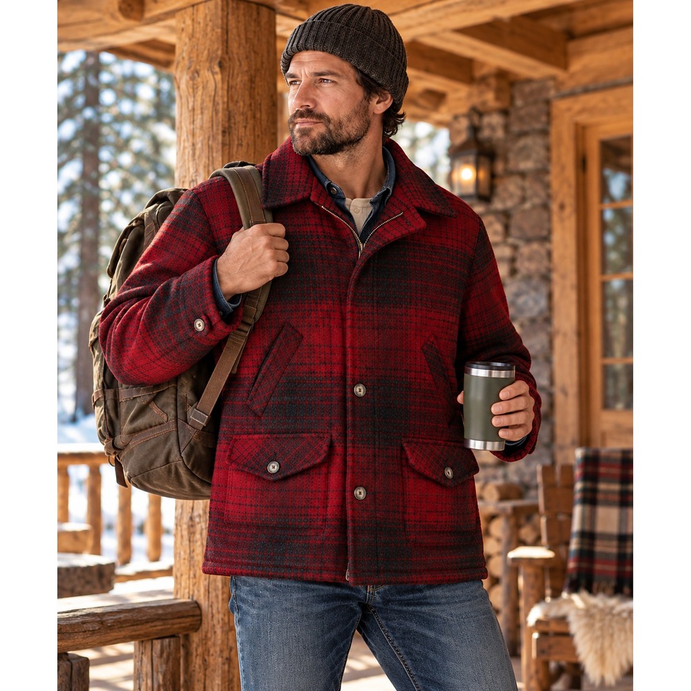 Vintage 80s Eddie Bauer Mackinaw Coat Mens L Wool USA Red Buffalo Plaid Hunting